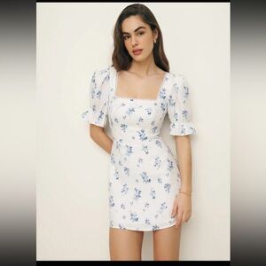 Reformation Evianna Linen Dress Delicacy Blue White Floral